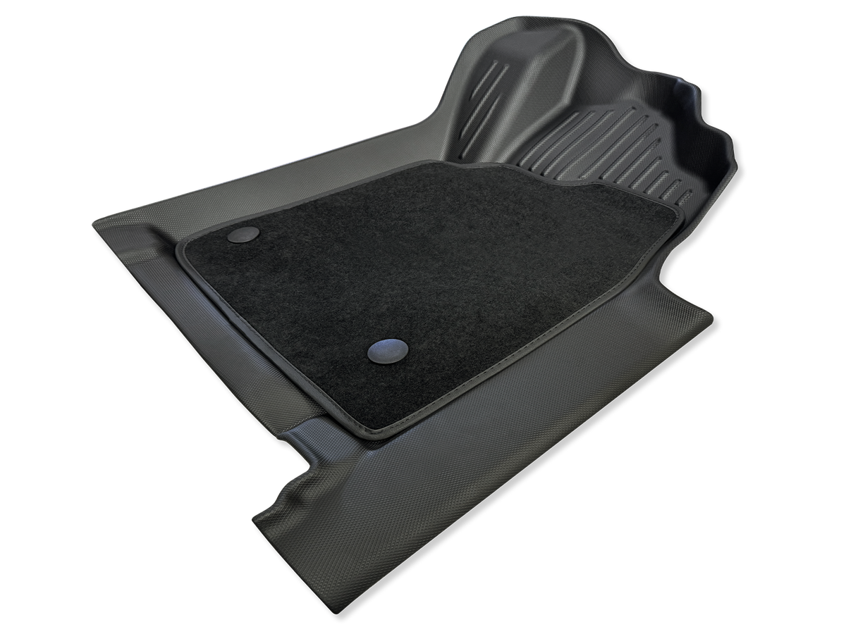 Black car floor mat made of custom synthetic material, featuring waterproof, non-slip, and wear-resistant properties. The surface is covered with a removable carpet layer, designed for specific vehicle models.